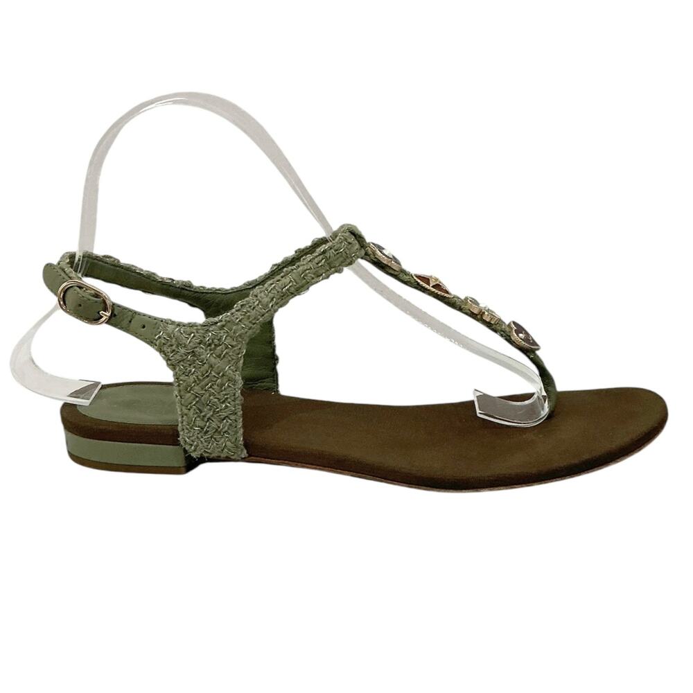 Chanel Tweed Thong Sandals Size 37.5 EU 7.5 US Light Khaki Cruise Charm Rare - Picture 3 of 10
